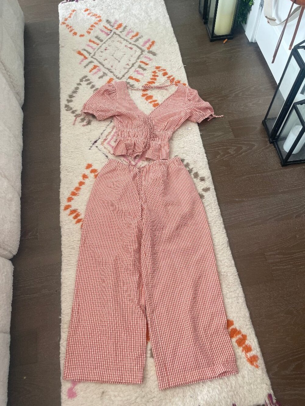 Women's WAYF Plaid Red Gingham Top and Pant Set, Small